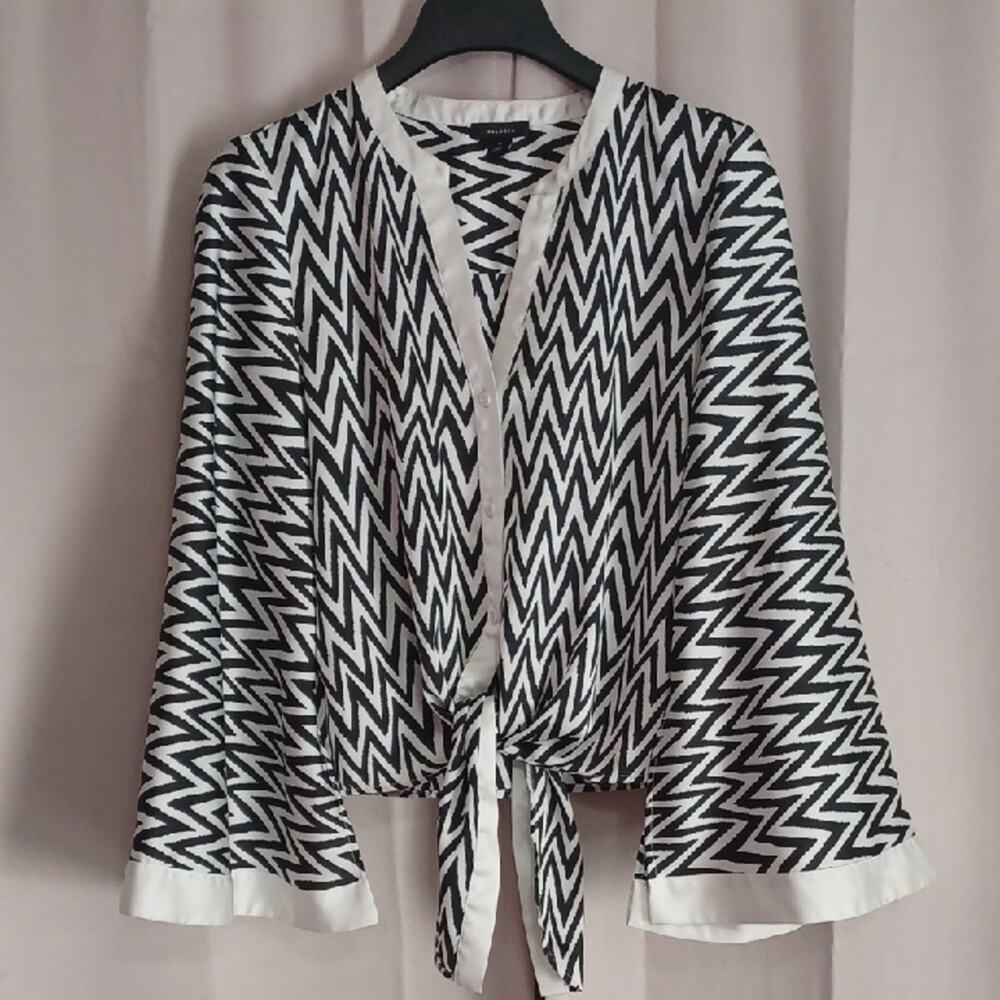 Halogen Zigzag Stripe Bell Sleeve Tie Front Button Up Top Satin